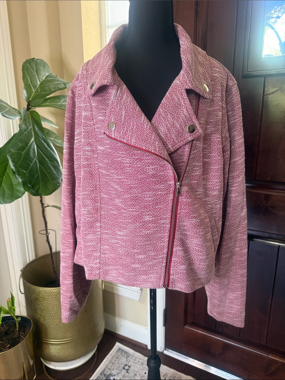 Eloquii Textured Red/White Moto Jacket with Asymmetric Zip Size 22/24